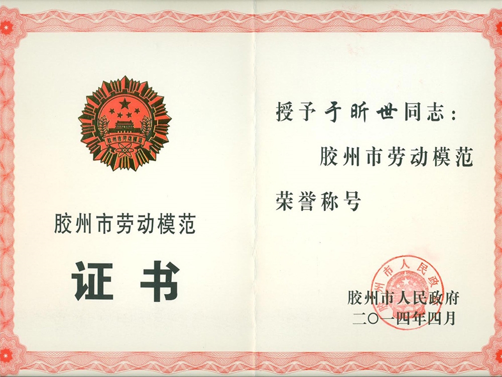 青岛市劳动模范-荣誉证书